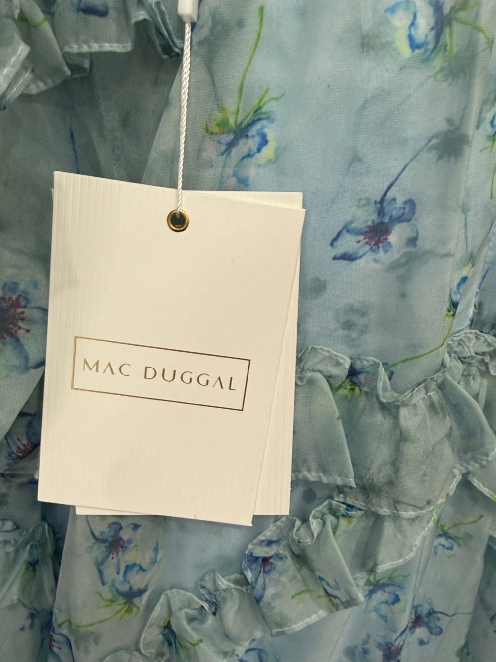 NWT Mac Duggal $498 MSRP Sky Blue Floral Long Sleeve Cutout Ruffle Tiered Gown - Picture 7 of 10